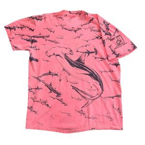 Vintage Hammerhead Shark All Over Print Tee L Single Stitch Made USA Ocean